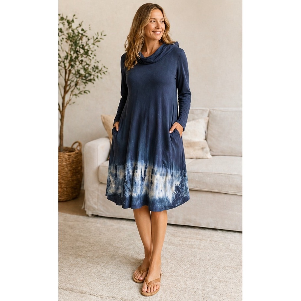 Soft Surroundings XL Hooded Cowl Neck Dress Blue Tie Dye Hem Boho Lounge USA - Picture 1 of 9